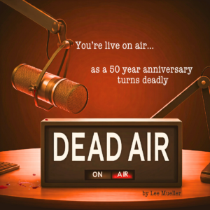 Radio studio setup with a microphone and table. There are drops of blood on the microphone and table, and the on air sign reads "Dead Air"